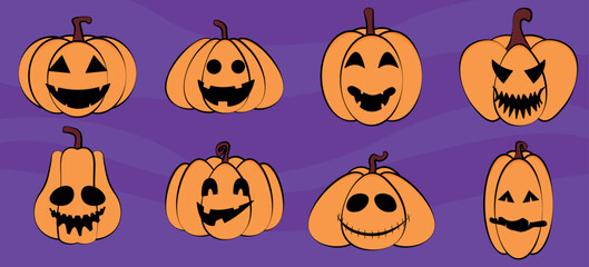 halloween color flat pumpkins pack in vector 