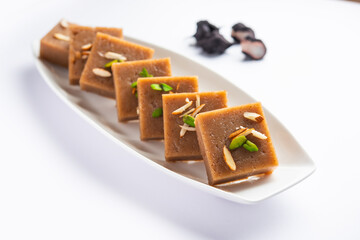Singhara Barfi or Singhada burfi or halwa made using water chestnut flour, fasting or upwas food