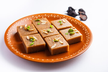 Singhara Barfi or Singhada burfi or halwa made using water chestnut flour, fasting or upwas food