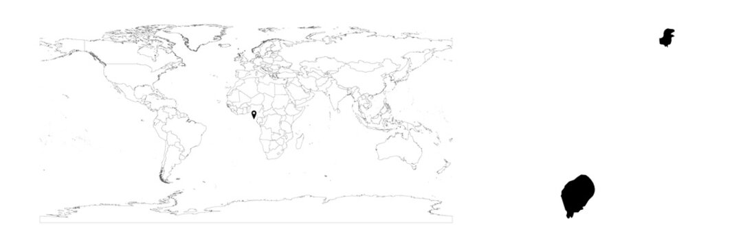 Vector São Tomé and Principe map showing country location on world map and solid map for São Tomé and Principe on white background. File is suitable for digital editing and prints of all sizes.
