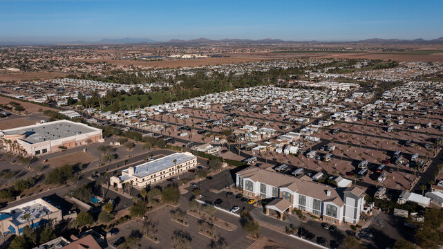 Daytime aerial view of the downtown area of Casa Grande, Arizona, USA.