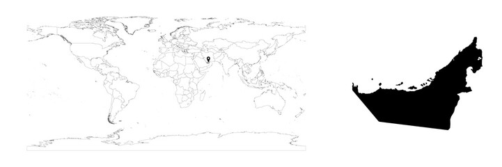 Vector United Arab Emirates map showing country location on world map and solid map for United Arab Emirates on white background. File is suitable for digital editing and prints of all sizes.