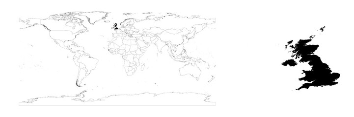 Vector United Kingdom map showing country location on world map and solid map for United Kingdom on white background. File is suitable for digital editing and prints of all sizes.