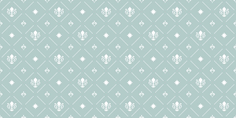 Seamless vector pattern. Modern geometric light blue and white ornament with royal lilies. Classic background
