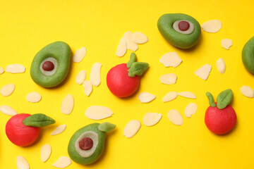 Concept of tasty sweet food, marzipan, top view