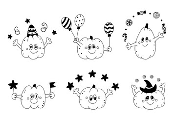 Vector doodle set of cute happy pumpkins.Childish festive design elements for halloween cards,invitation,social media templates.Outline.Isolated on white background.