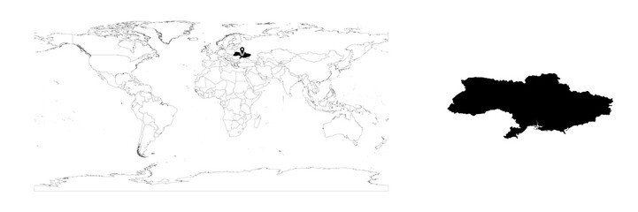 Obraz premium Vector Ukraine map showing country location on world map and solid map for Ukraine on white background. File is suitable for digital editing and prints of all sizes.