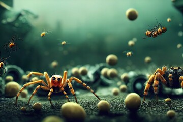 Fototapeta premium Spiders infest the houses of the town at night. An urban infestation of large spider webs is terrifying on Halloween and symbolizes an epidemic and pollution. 3D rendering.