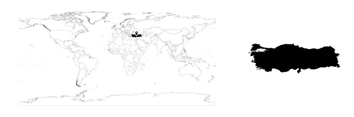 Vector Turkey map showing country location on world map and solid map for Turkey on white background. File is suitable for digital editing and prints of all sizes.