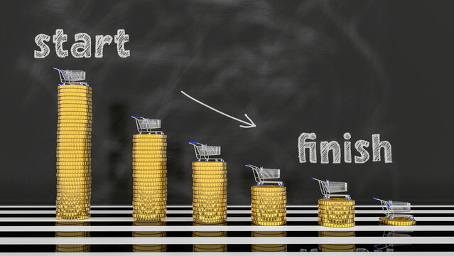 Money reduction concept image. Stacks of coins in a decrease financial concept. 3d rendering