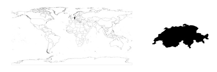 Vector Switzerland map showing country location on world map and solid map for Switzerland on white background. File is suitable for digital editing and prints of all sizes.