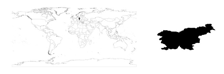 Vector Slovenia map showing country location on world map and solid map for Slovenia on white background. File is suitable for digital editing and prints of all sizes.