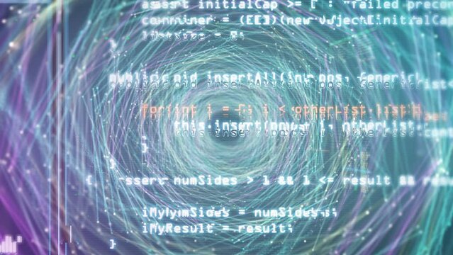 Repeating digital flight through data glitch tunnels from network connections. Dark Net, Concept for data mining, endless information Metaverse Internet. Seamless loop.