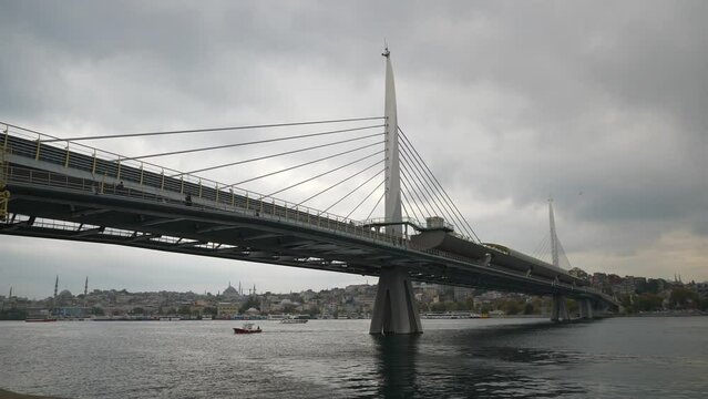 cloudy day istanbul city famous bay metro bridge slow motion panorama 4k turkey