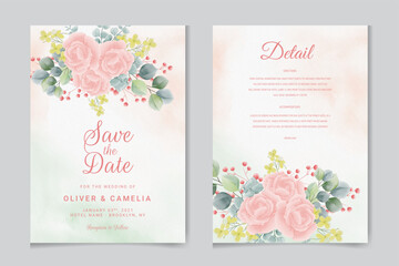 Watercolor vector set wedding invitation card template design with green eucalyptus leaves and flowers.