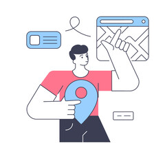 Map location tracking GPS navigation application web service man with pin vector flat illustration