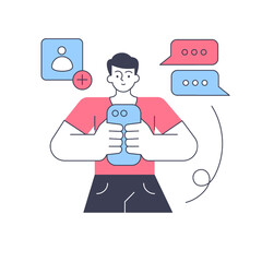 Male social network user chatting smartphone adding followers friends communication vector flat