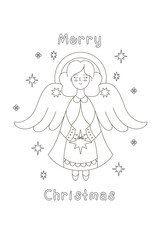 Christian Christmas page with christmas angel for children and adults. Black and white linear vector illustration with an angel holding a Christmas star in his hands. Expanded stroke. 