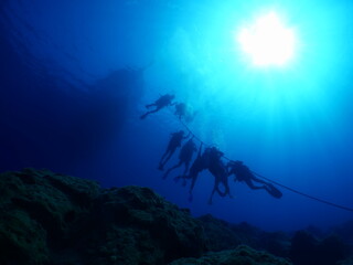 scuba divers around the boat for diving underwater scenery ocean