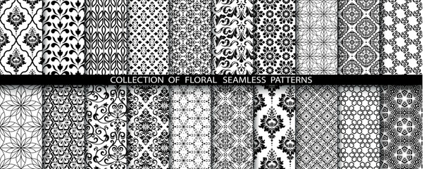 Geometric floral set of seamless patterns. White and black vector backgrounds. Simple illustrations.