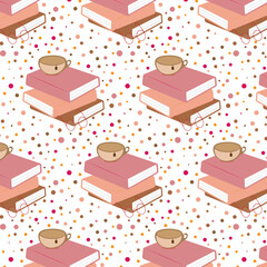 Books pattern and cup of tea with glasses