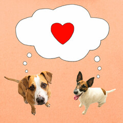 Two funny dogs looking at camera with speech bubble and love sign, red textured background. Digital...