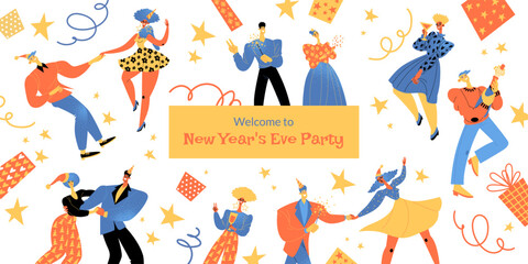 New Year party invitation banner with funny characters dancing and drinking sparkling wine, gifts and decorations.
