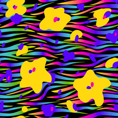 Zebra and flowers rainbow abstract seamless pattern. Neon gradient lines on a black background. Colorful stripes, repeating background. Vector printing for fabrics, posters, banners. 