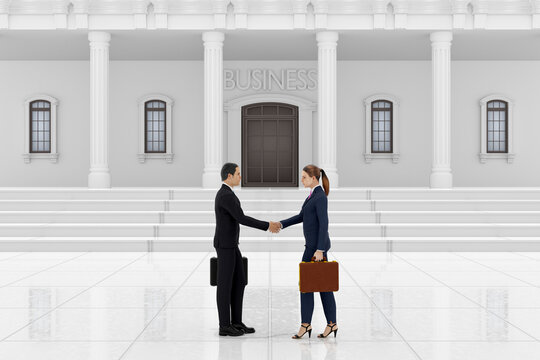 Illustrazione 3D. Di fronte ad edificio di banca o finanziario uomo d'affari e donna d'affari. Contratto, accordo, transazione finanziaria..