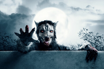 Werewolf coming from behind the wall with a full moon