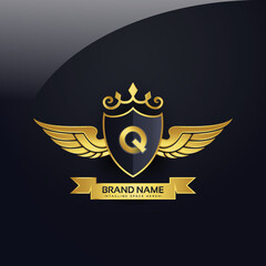 Luxury royal wing Letter Q crest Gold colour, Victory logo, crest logo, wing logo, vector logo template