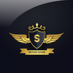 Luxury royal wing Letter S crest Gold colour, Victory logo, crest logo, wing logo, vector logo template