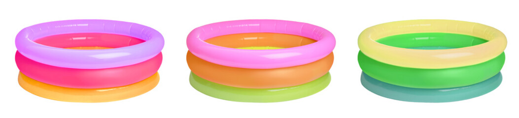 Set with different colorful inflatable rubber pools on white background. Banner design