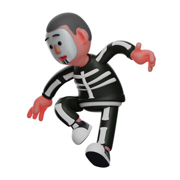 3D illustration. Skeleton Boy 3D character with weird poses. wearing a bone costume. show funny facial expressions. 3D Cartoon Character