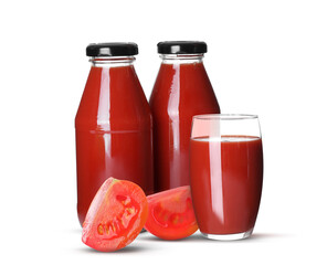 Fresh tomato, bottles and glass with juice on white background