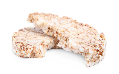 Tasty crunchy buckwheat cakes on white background