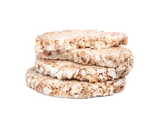 Stack of crunchy buckwheat cakes on white background