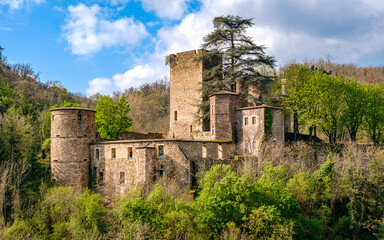 View on the Thorrenc medieval castle, a 14th century fortress in Ardeche (France)