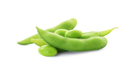 Fresh green edamame pods and beans on white background