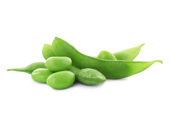 Fresh green edamame pods and beans on white background