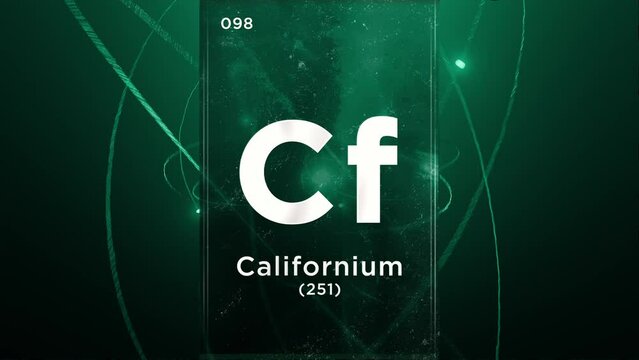 Californium (Cf) symbol chemical element of the periodic table, 3D animation on atom design background