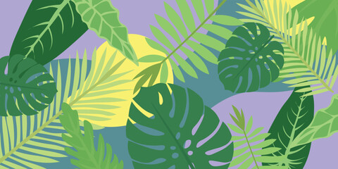 Fototapeta na wymiar Many green tropical leaves on color background