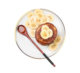Obraz na płótnie Canvas Plate of banana pancakes with honey isolated on white, top view