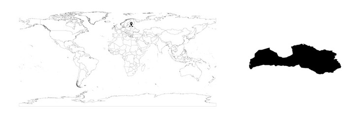 Vector Latvia map showing country location on world map and solid map for Latvia on white background. File is suitable for digital editing and prints of all sizes.