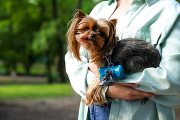 Woman holding her cute dog with waste bags in park, closeup. Space for text
