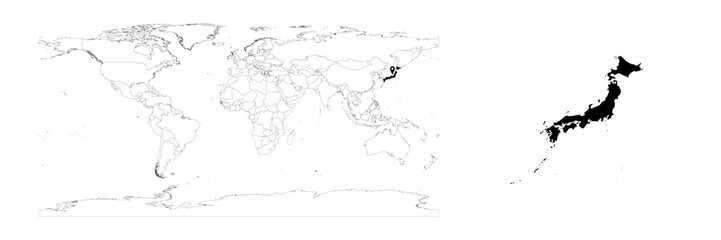Vector Japan map showing country location on world map and solid map for Japan on white background. File is suitable for digital editing and prints of all sizes.