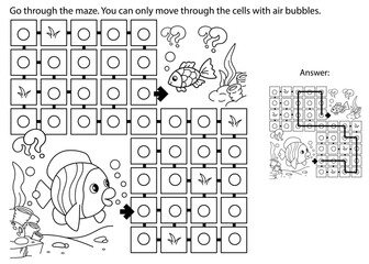 Maze or Labyrinth Game. Puzzle. Coloring Page Outline Of cartoon fishes. Underwater world. Coloring Book for kids.