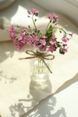 Beautiful pink forget-me-not flowers in glass bottle on window sill