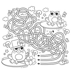 Maze or Labyrinth Game. Puzzle. Tangled road. Coloring Page Outline Of cartoon little frogs. Coloring book for kids.