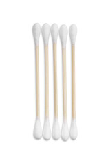 Wooden cotton buds on white background, top view